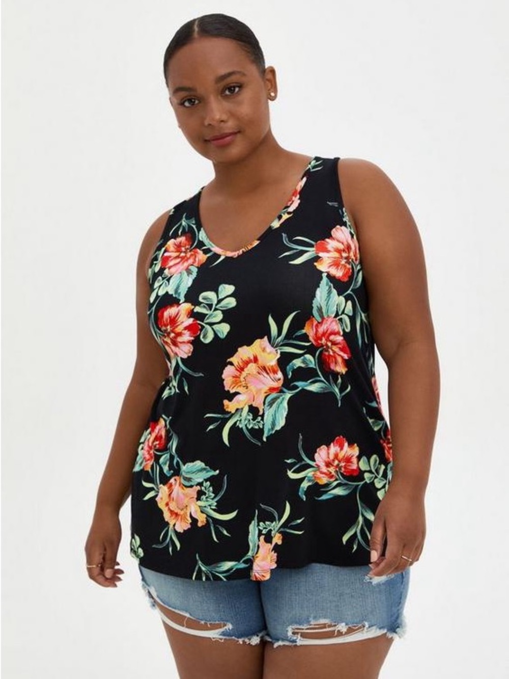 Torrid Super Soft V-Neck‎ Swing Tank Top Black Floral Stretch size 4 4X Summer